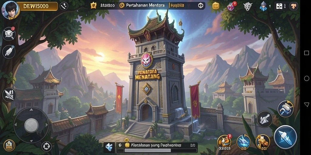 Tampilan gameplay seru di DEWI5000 dengan menara dan musuh yang beragam.