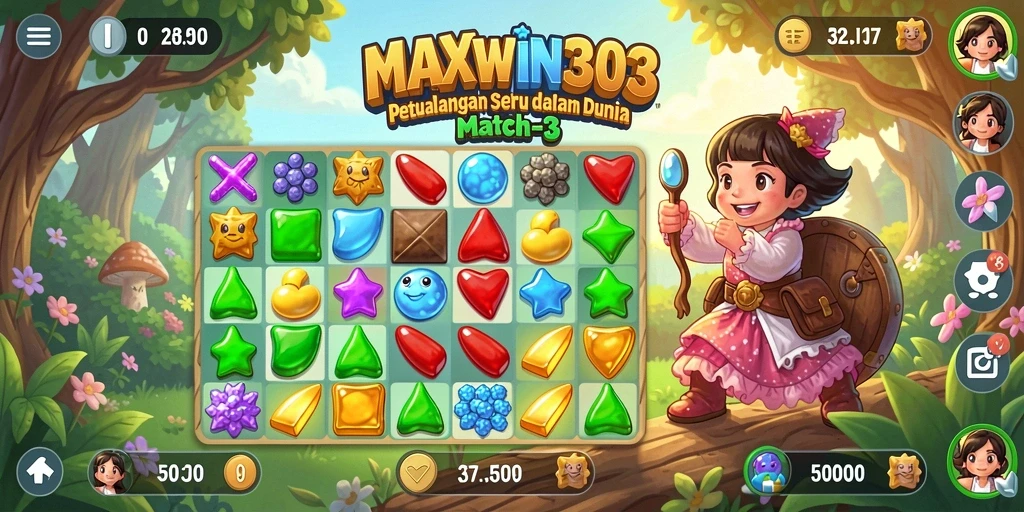 Screenshot gameplay menarik MAXWIN303 dengan elemen match-3 yang berwarna-warna.