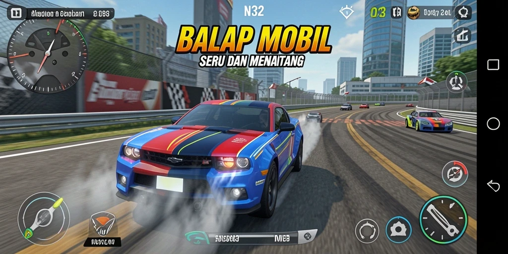 Tampilan gameplay N32 yang mendebarkan saat balapan.