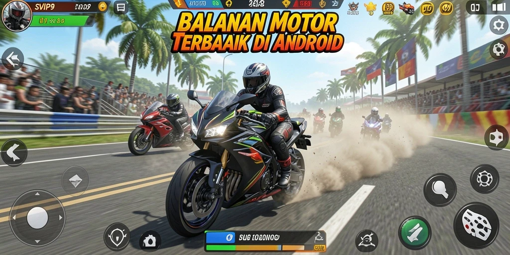 Screenshot gameplay SVIP9 menampilkan balapan motor yang seru.